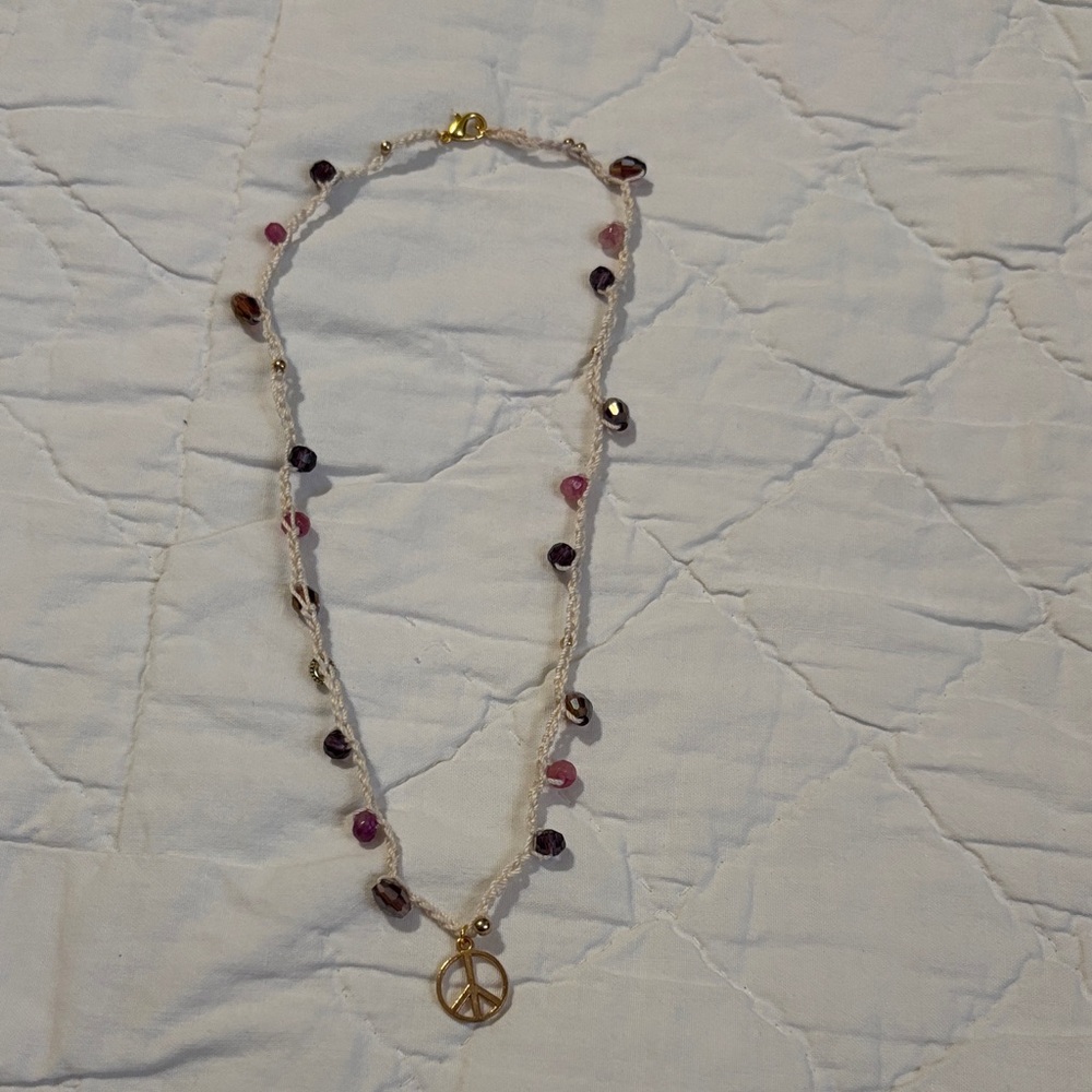 Crochet Gold Peace Sign Beaded Necklace‎ with Pink & Purple Accents